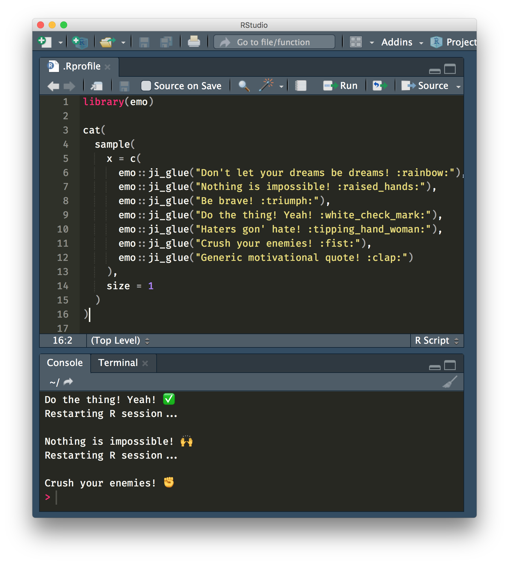 An RStudio window showing the .Rprofile script and several messages being printed to the console with successive restarts of the RStudio.