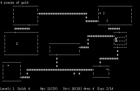 Screenshot of the game Rogue, which has graphics made entirely from ASCII characters. Several rooms are outlined with hyphens and pipes, with hashmark corridors between them. The player character is an at symbol. Some rooms have items in them, marked with various symbols. There's some commentary text printed above the map, which says '4 pieces of gold', and an inventory below, which says things like 'Hp 11.