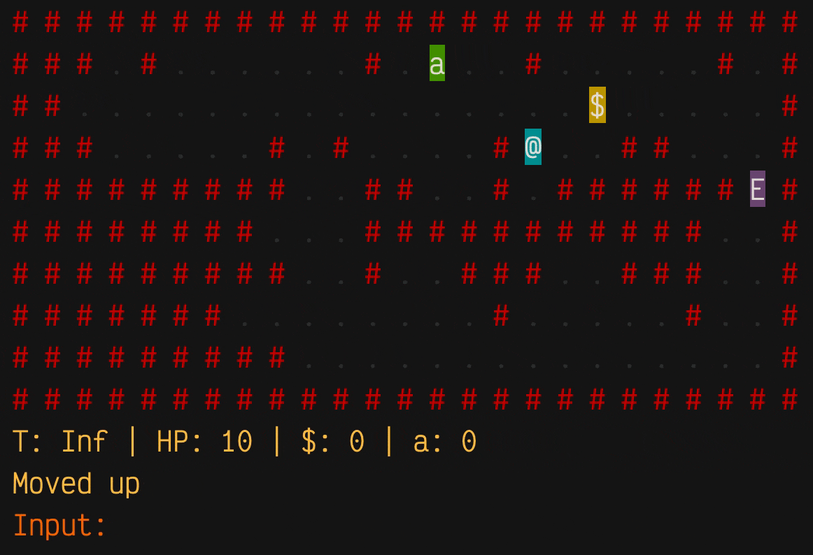 Animation of an R console, showing a rectangular grid of tiles that represents a dungeon room. Floor tiles are periods. Surrounding walls are hashmarks. There's an enemy character represented by a letter 'E' and a player character represented by an 'at' symbol. There's some obstacle walls separating them. The enemy character moves tile by tile around the obstacle until towards the player who is running away.